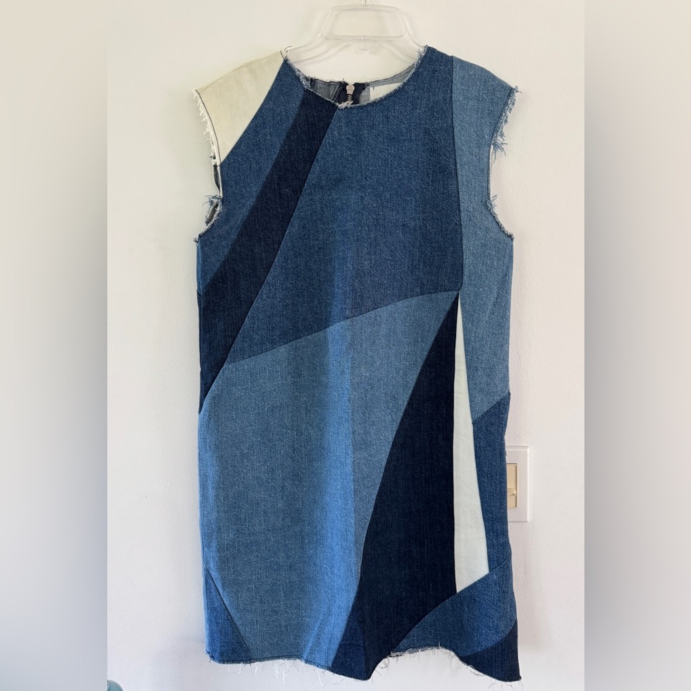 Maje Denim Patchwork Frayed Edges Dress Size 1= Small. Excellent Condition.